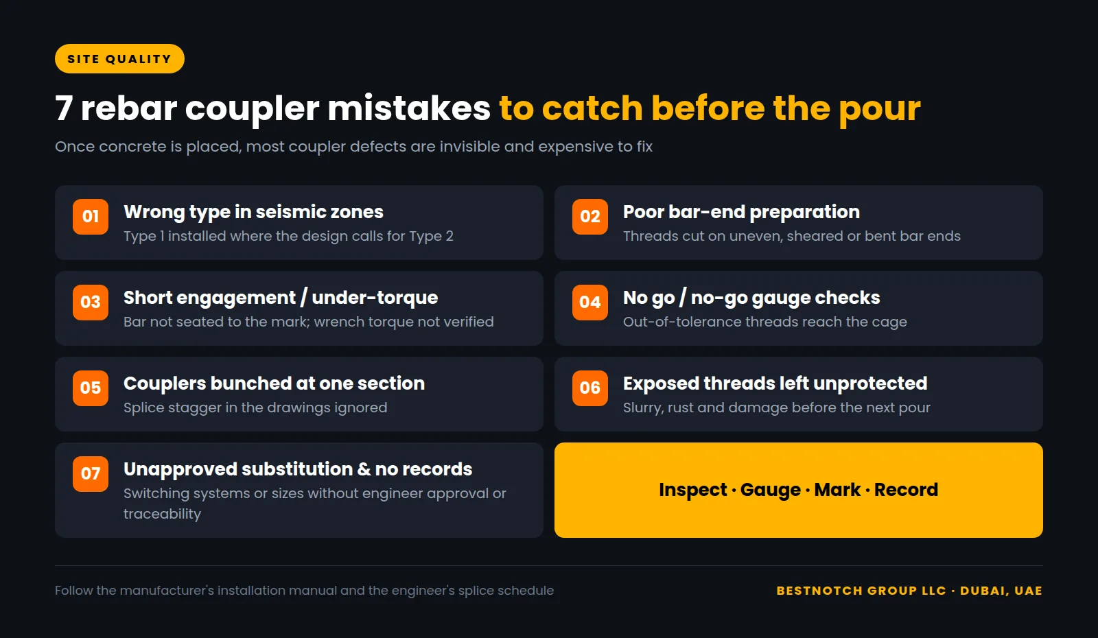 Infographic listing 7 common rebar coupler mistakes to catch before the concrete pour