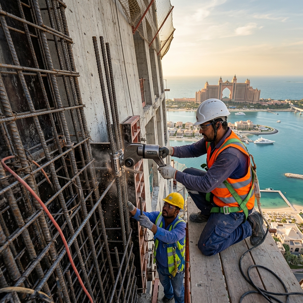 Steel fixer working on high-rise core wall reinforcement where mechanical couplers are installed